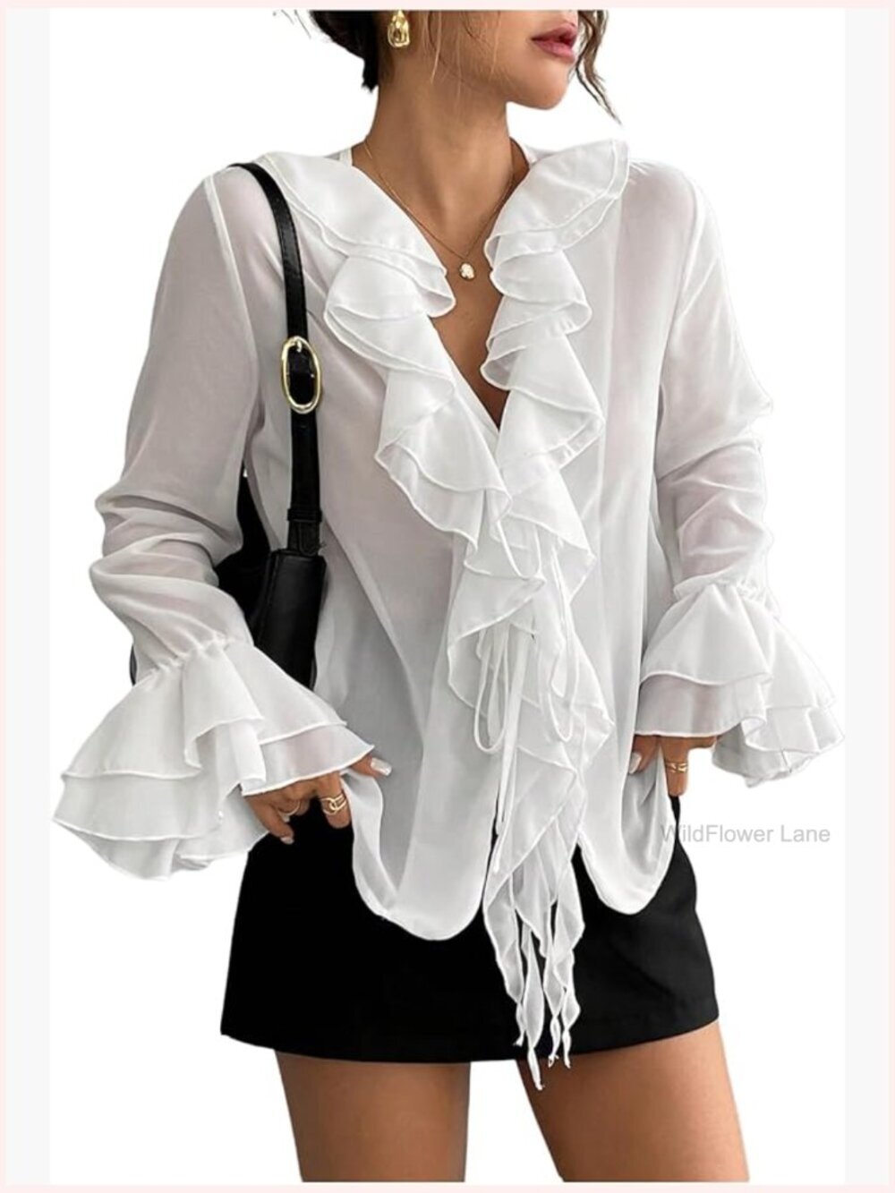 Long Sleeve V Neck Ruffle Chiffon Blouse Layered Going Out Top